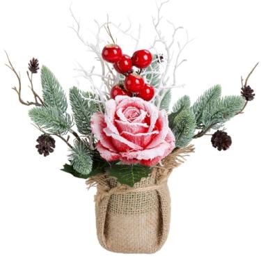 Imagem de Decoração de mesa de flores de Natal de 33,8 cm, vaso de árvore de Natal artificial pequeno, poinsétia nevada, baga vermelha, pinha e pinha, arranjo em vaso de serapilheira (rosa vermelha)