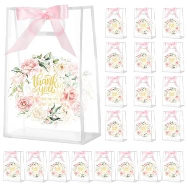 Imagem de Sweetude 20 peças de sacos de presente de casamento transparentes de flores silvestres com alças, obrigado por celebrar conosco, sacolas de presente de plástico e fita para chá de panela, festa de
