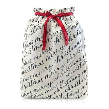 Imagem de Sacos de presente de Natal com cordão e nó | Extragrande de 56 cm | Lona premium | Tecido reutilizável para feriados | Misture e combine | Branco Merry Christmas