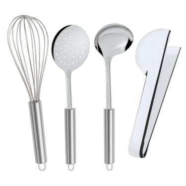 Imagem de Kit Utensílios Cozinha Gourmet Aço Inox Premium Espumadeira Escumadeira Fouet Concha Fuê Batedor Claras Ovos Pegador Salada Macarrão Elegante Resistente