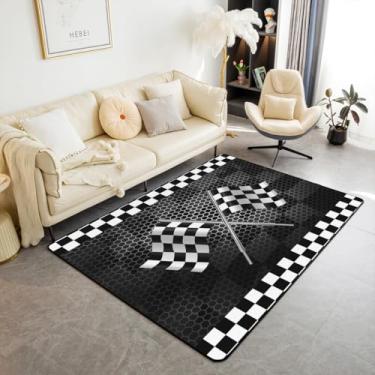 Imagem de Tapete decorativo com estampa de bandeira xadrez preto e branco 1,8 m x 1,8 m, carro de corrida, esportes radicais, tapete de chão para sala de jogos, cabeceira, sofá, quarto, geometria, quadrado, colmeia, tapete antiqueda para crianças, adolescentes, meninos e meninas