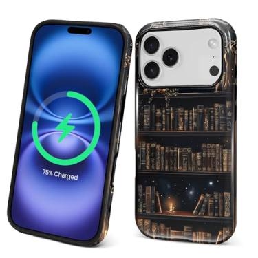 Imagem de MQJCYB Capa magnética para iPhone 17 Pro, compatível com MagSafe, capa protetora fina de TPU macio para celular feminina e meninas para iPhone 17 Pro-Dark Gothic Bookshelf Moon