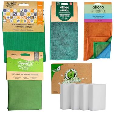 Imagem de Kit 10pcs: Panos Mágico Para Limpeza Geral Chão Piso Vidros + Esponja Melamina Cozinha Ákora (Pano Limpa Tudo Verde Escuro)