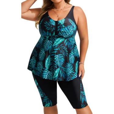 Imagem de Maiô Tankini Hanna Nikole Green Leaves 20 Plus Size para mulheres