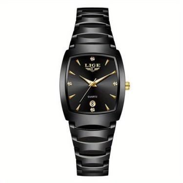 Imagem de Relógio LIGE Quadrado de Moda com Quartzo Minimalistas, Preto Dourado
