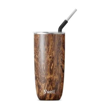 Imagem de S'well Copo de aço inoxidável com canudo – 60 ml – Madeira teca – Recipientes com isolamento a vácuo de camada tripla mantém as bebidas frias por 18 quentes por 5 horas – Garrafa de água sem BPA
