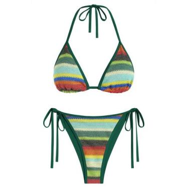 Imagem de Conjunto de biquíni ZAFUL Colorblock Stripes Triangle Halter Green
