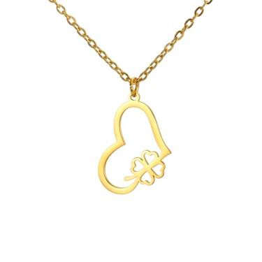 Imagem de PDOUSELF Colar com pingente de coração e quatro trevos para mulheres, moderno, aço inoxidável, pingente de coração, presente para namorada, 20, Aço inoxidável, Sem Pedra Preciosa
