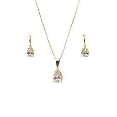 Imagem de Conjunto Colar e Brinco Gota Pedras de Zircônias Semi Joias Banhado Ouro 18k