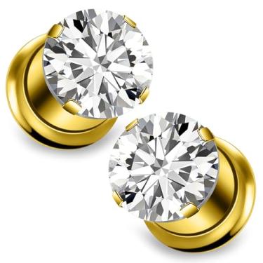 Imagem de Ocptiy 10G-00G Astm F136 Túneis de titânio para parafuso de orelha ajuste redondo CZ Ear Gauges túneis alargador extensor piercing joias para mulheres homens prata ouro 1 par, 00 Gauge = 10mm = 3/8