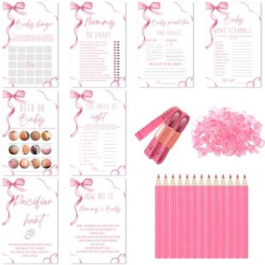 Imagem de Honoson Jogos de chá de bebê Pink Bow para 50 convidados, 8 jogos incluem bingo de chá de bebê, adivinhe quem é mamãe ou papai, confusão de palavras, qual é o tamanho da barriga da mamãe, caça à