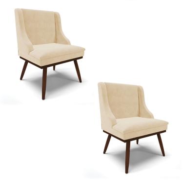 Imagem de Kit 02 Cadeiras de Jantar Liz Suede Bege Base Fixa Madeira com Pés Palito Tabaco D03 - D'Rossi