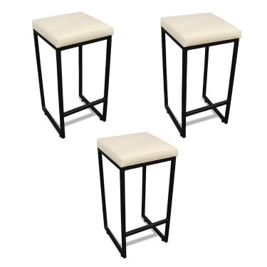 Imagem de Banqueta Alta para Cozinha Industrial Kit 3 Nick Preto e Sintético Bege D03 - D'Rossi