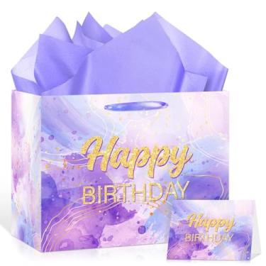 Imagem de Wayyogh Bolsa roxa de presente de aniversário para mulheres e meninas com papel de embrulho e cartão de felicitações, lembrancinhas de festa de feliz aniversário, tema roxo, decorações de festa