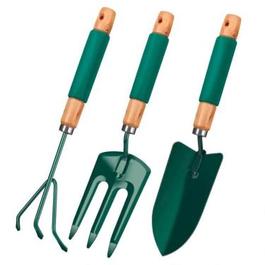 Imagem de Kit Ferramentas de Jardinagem 3 Peças — Pá, Garfo e Cultivador com Cabo de Madeira