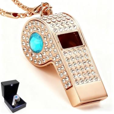 Imagem de PCTC Apito brilhante, apito de metal incrustado de cristal com corrente decorativa, ótimo para árbitros, treinadores, festa e acessório de presente [exterior dourado] (azul)