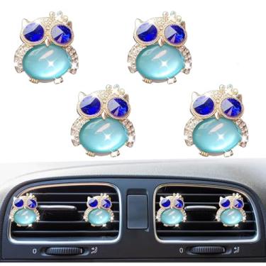 Imagem de 4 peças de clipes de acabamento de saída de ar do painel do carro de coruja brilhante, clipe difusor de ar de cristal de strass, clipe de purificadores de ar de carro de animais fofos para decoração