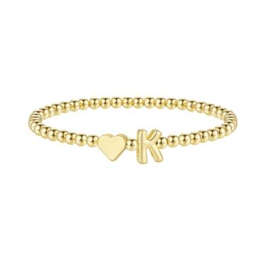 Imagem de M MOOHAM Pulseira feminina com inicial de coração – Pulseiras delicadas com contas douradas para mulheres, pingente moderno, letra A-Z, joias de coração personalizadas, presentes, 6.5", Latão, Sem