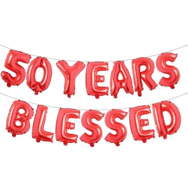 Imagem de 50 Years Blessed Banner de balão multicolorido com glitter, decorações de festa de aniversário de 50 anos/casamentos, cenários de sinalização (50 YEARS BLESSED Red)