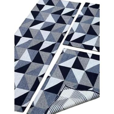 Imagem de Jogo De 3 Peças Tapete Cozinha Antiderrapante Jacquard Decoracao Impecavel Kit Tapete Cozinha(Modelo M4 Azul)