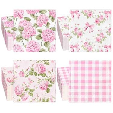 Imagem de AnyDesign Guardanapos de Almoço de Primavera Descartáveis Guardanapo de Papel Decorativo Rosa Hortênsia Flor Rosa Arco Xadrez Sobremesa Jantar Guardanapo de Mão para Decoração de Mesa de Festa em Casa
