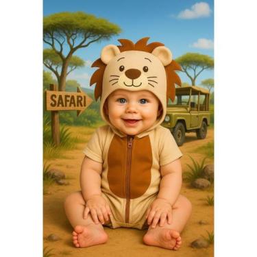 Imagem de Macacão leão safari bebê selva aniversário bordado verão aldodão suedi
