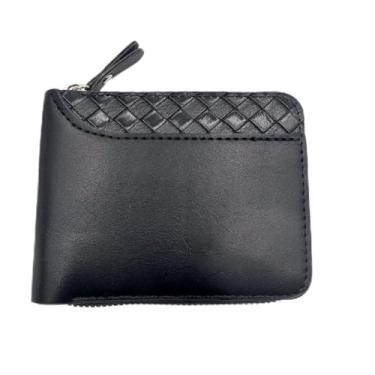 Imagem de Carteira masculina com zíper de couro dobrável fina com bloqueio de RFID, zíper ao redor do porta-cartão de crédito, carteira pequena e compacta, Preto, Dobrável