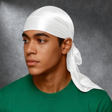 Imagem de Touca de chuveiro de seda para homens ajustável de cetim macio luxuoso protetor de cabelo spa de banho para uso diário (branco)