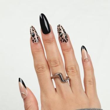 Imagem de Kit de unhas de pressão médio longo amêndoa francesa preta falsa cola em unhas com design de estampa de leopardo cobertura completa bastão falso artificial em unha de acrílico para mulheres casamento