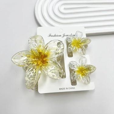 Imagem de 3 peças de grampos de cabelo femininos com flores havaianas vibrantes - fixação segura grande e pequena, acessórios de cabelo florais de plástico brilhante gradiente multicolorido