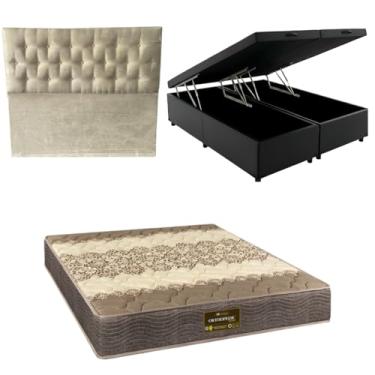 Imagem de Cama Box Baú Bipartida Blindada com Colchão de Espuma Orthopedic + Cabeceira Botonê - Casal | Queen (CORINO PRETO, Queen)