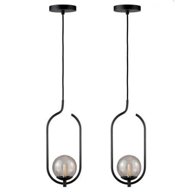 Imagem de Kit 2 Pendentes Lustres On Clip Preto Globo De Vidro Fume