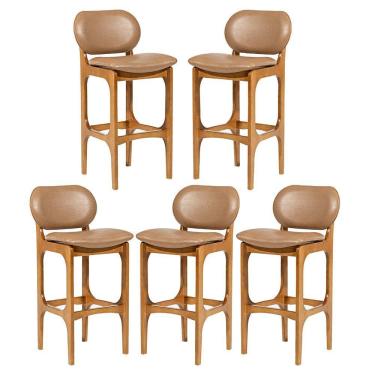 Imagem de Kit 5 Banquetas Alta Estofada Rafine Madeira Castanho Tecido Impermeável Marrom