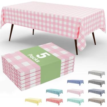 Imagem de Smiry 5 pacotes de toalhas de mesa descartáveis guingão, 137 x 272 cm, toalha de mesa de plástico impermeável, retangular, rosa e branco, capas de mesa quadriculadas para piquenique, aniversário
