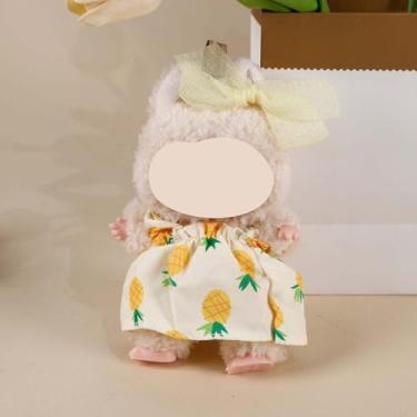Imagem de Compatível com Labubu (sem boneca) - Conjunto de estampa de abacaxi cremoso (faixa de cabeça de chiffon + vestido de estiling), roupa de boneca de 15 cm/17 cm (branca)