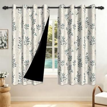 Imagem de GICDSU Conjunto de 2 painéis de cortinas blecaute brancas de 153 cm de comprimento, cortinas blackout com padrão de folha branca com ilhós pendurados para quartos, salas de estar e salas de jantar