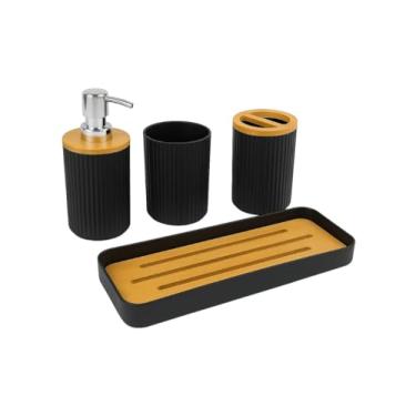 Imagem de Kit Banheiro 4 Peças com Detalhes em Bambu – Porta Escova, Saboneteira, Copo e Dispenser de Sabonete Líquido
