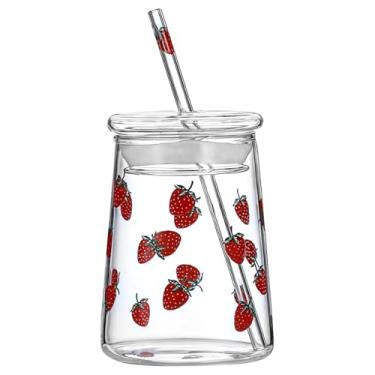 Imagem de Copo de vidro com canudo e tampa, padrão de morango, 473 ml, copo de suco transparente resistente ao calor, design de frutas doces, copo de bebida fria para bebidas
