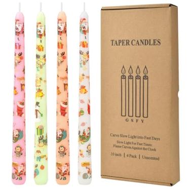 Imagem de Castiçal estampado de Natal, velas cônicas de 25,4 cm, 4 peças, castiçais altos feitos à mão, sem cheiro e sem fumaça, ideais para jantar de Natal, casamentos, jantares e decoração de casa