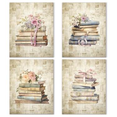 Imagem de Noaleviax Conjunto de pôster floral de livro vintage - decoração de clube de livros com tema de flores silvestres retrô, arte de parede para sala de aula, banheiro, casa, escritório, decoração de