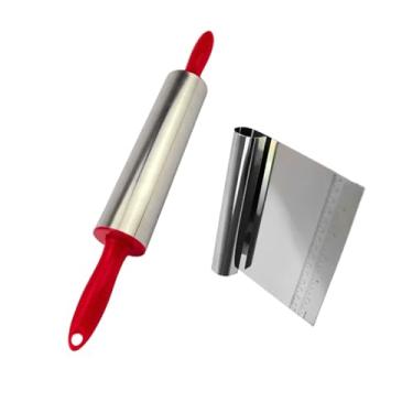 Imagem de Rolo para Massas Giratório para Pão + Espátula com Cabo Tubular Premium Corte Massa Padeiro Aço Inox