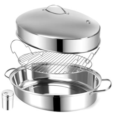Imagem de Assadeira de aço inoxidável de 45,72 cm com rack e tampa, assadeira de peru oval grande com capacidade de 15 kg para forno, assadeira para peru, frango, peixe, ensopados, presente de Ação de Graças
