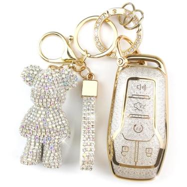 Imagem de Rayslesan Linda capa de chaveiro com pingente de urso de strass, capa inteligente de TPU para mulheres, compatível com Ford Fusion (Mondeo) Mustang F150 Edge Explorer, Lincoln MKZ MKC MKX (5 botões