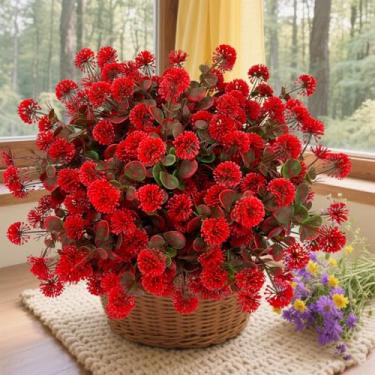 Imagem de 1 pacote de flores artificiais de eucalipto para bebês – Gypsophila sintética para plantas de jardim resistentes ao ar livre flores falsas decoração de mesa de cozinha (7 garfos de eucalipto (vermelho