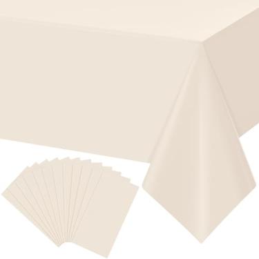 Imagem de YIDAKO 3 toalhas de mesa bege para mesas retangulares, toalha de mesa descartável de plástico marfim, capa de mesa creme à prova d'água para aniversários, casamentos, decorações de festa de