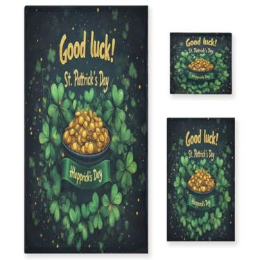 Imagem de Blueangle Conjunto de toalhas decorativas de banheiro com padrão de pote dourado do dia de São Patrício, conjunto de 3 peças com toalha de banho, toalha de mão e toalha de banho (203)