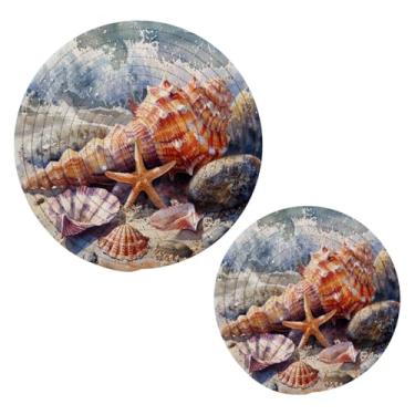 Imagem de Blueangle 2 peças de suporte de panela de concha coral e estrela do mar - conjunto de pegadores de panela de tecido redondo - almofadas quentes trançadas de algodão - porta-copos - tapetes de mesa