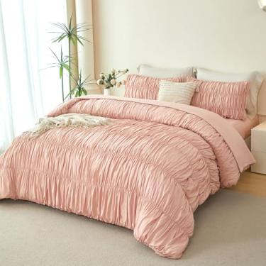 Imagem de PERFEMET Conjunto de edredom queen com 5 peças, boêmio, rosa franzido, macio, luxuoso, plissado, texturizado, para todas as estações, conjunto de cama com babados (blush, Queen)
