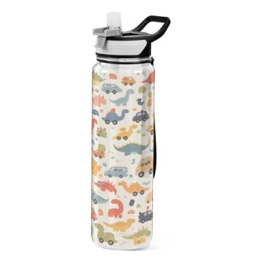 Imagem de Blueangle Garrafa de água esportiva de dinossauros fofos de 947 ml com tampa de canudo - Garrafas de água reutilizáveis Tritan sem BPA para academia, caminhadas e atividades ao ar livre (409)