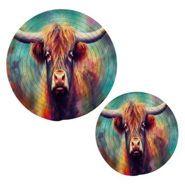 Imagem de Blueangle 2 peças de porta-panelas coloridas de vaca Highland – conjunto de pegadores de panela de tecido redondo – almofadas quentes trançadas de algodão – porta-copos – tapetes de mesa para cozinhar